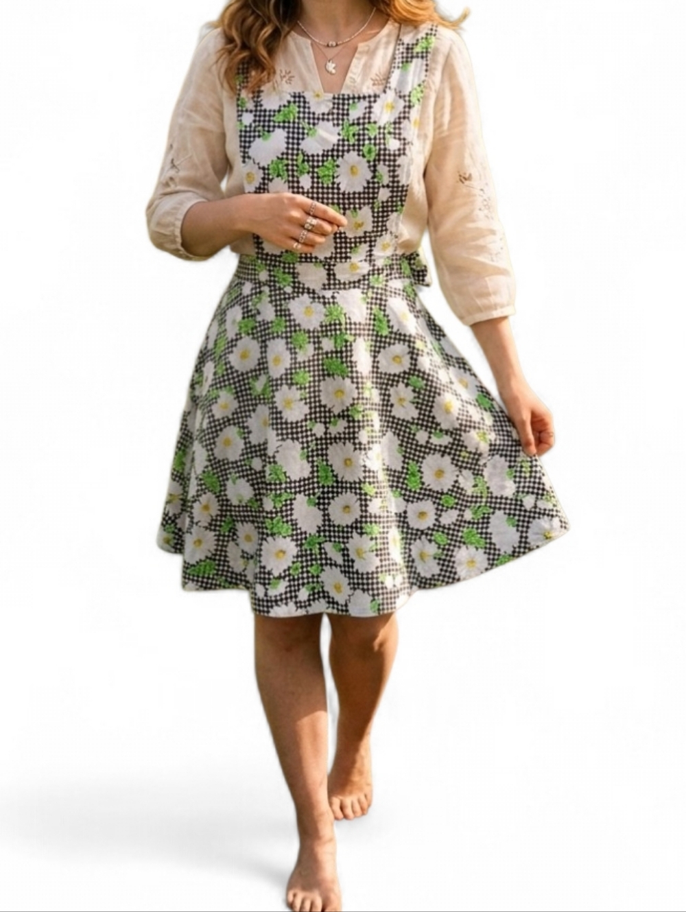 Floral Gingham Pinafore Dress in White & Green
